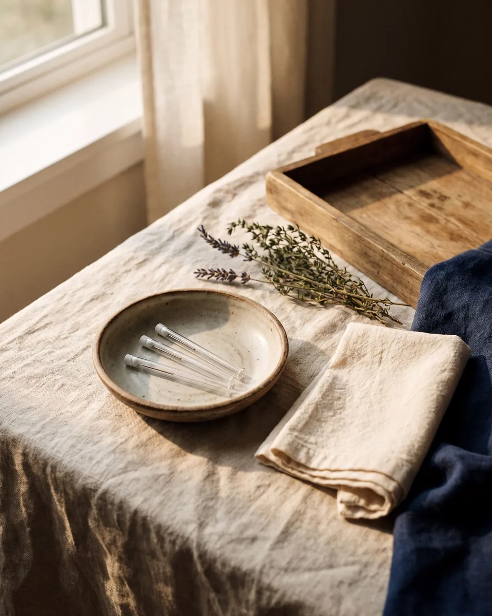 Acupuncture needles in a ceramic dish on linen, with dried lavender and thyme beside a wooden tray